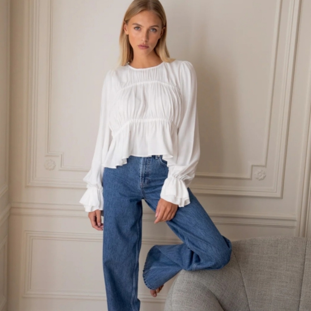 Rosae Paris Le Delaunay Smocked Blouse Ruffled Wrists Meringue, French Romantic - Picture 2 of 15